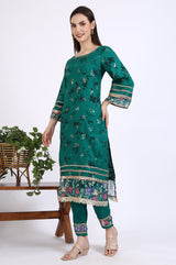 Women's Green Floral Foil Printed Lace A-Line Woven Kurta with Trouser and Dupatta