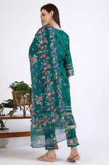 Women's Green Floral Foil Printed Lace A-Line Woven Kurta with Trouser and Dupatta