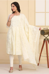 Women's Cream Embroidered Schiffli Flared Kurta Set With Leggings And Dupatta