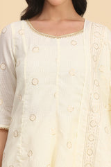 Women's Cream Embroidered Schiffli Flared Kurta Set With Leggings And Dupatta