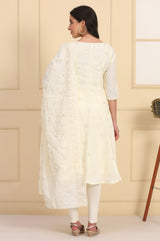 Women's Cream Embroidered Schiffli Flared Kurta Set With Leggings And Dupatta