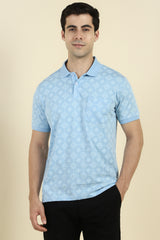 Men's Blue Casual Half Sleeves Printed Polo Tshirt