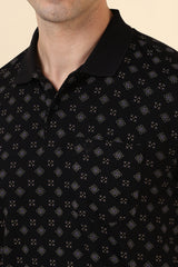 Men's Black Casual Half Sleeves Printed Polo Tshirt