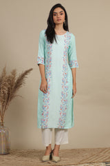 Women's Green Floral Embroidered Straight Woven Kurta and Pants