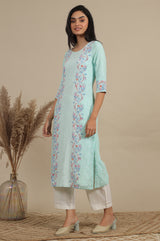 Women's Green Floral Embroidered Straight Woven Kurta and Pants