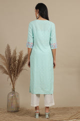 Women's Green Floral Embroidered Straight Woven Kurta and Pants
