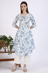 Women's White Floral Printed A-Line Cotton Kurta with Trousers