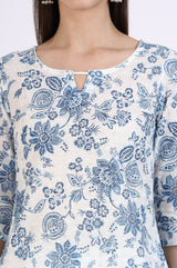 Women's White Floral Printed A-Line Cotton Kurta with Trousers