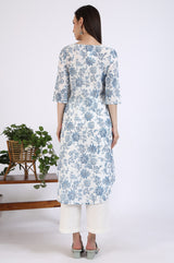 Women's White Floral Printed A-Line Cotton Kurta with Trousers