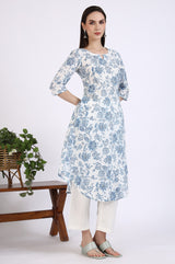 Women's White Floral Printed A-Line Cotton Kurta with Trousers