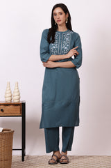 Women's Blue Embroidered Floral Straight Pure Cotton Kurta and Pants