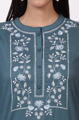 Women's Blue Embroidered Floral Straight Pure Cotton Kurta and Pants