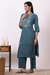 Women's Blue Embroidered Floral Straight Pure Cotton Kurta and Pants