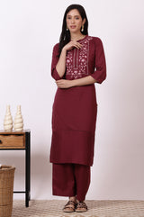 Women's Maroon Embroidered Floral Straight Cotton Kurta and Pants