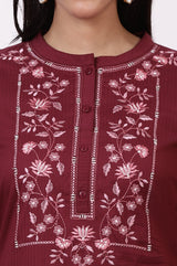 Women's Maroon Embroidered Floral Straight Cotton Kurta and Pants