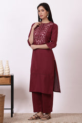 Women's Maroon Embroidered Floral Straight Cotton Kurta and Pants