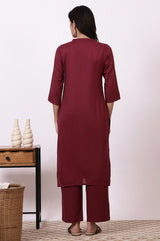 Women's Maroon Embroidered Floral Straight Cotton Kurta and Pants