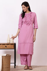 Women's Pink Embroidered Floral Straight Cotton Kurta With Pants