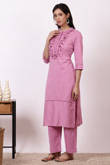 Women's Pink Embroidered Floral Straight Cotton Kurta With Pants