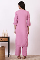 Women's Pink Embroidered Floral Straight Cotton Kurta With Pants