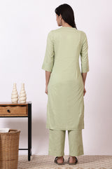 Women's Green Embroidered Floral Straight Cotton Kurta and Pants