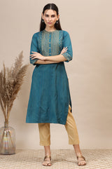 Women's Teal Blue Lurex Striped Embroidered Straight Kurta