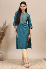 Women's Teal Blue Lurex Striped Embroidered Straight Kurta
