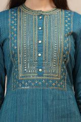 Women's Teal Blue Lurex Striped Embroidered Straight Kurta