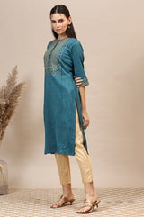 Women's Teal Blue Lurex Striped Embroidered Straight Kurta