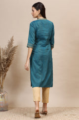 Women's Teal Blue Lurex Striped Embroidered Straight Kurta
