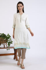 Women's White Printed Foil Print Lace Rayon Straight Kurta