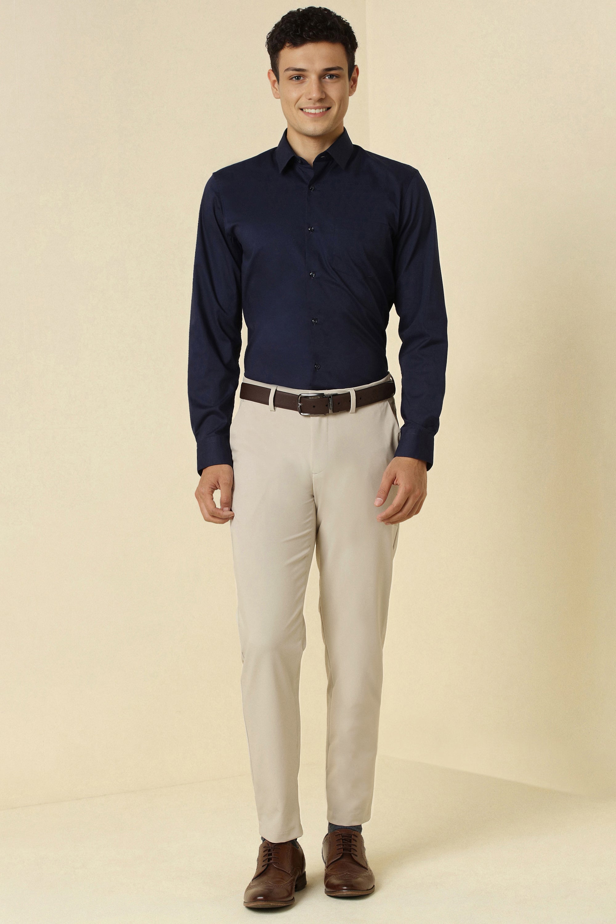 Men's Beige Formal Regular Length Trouser