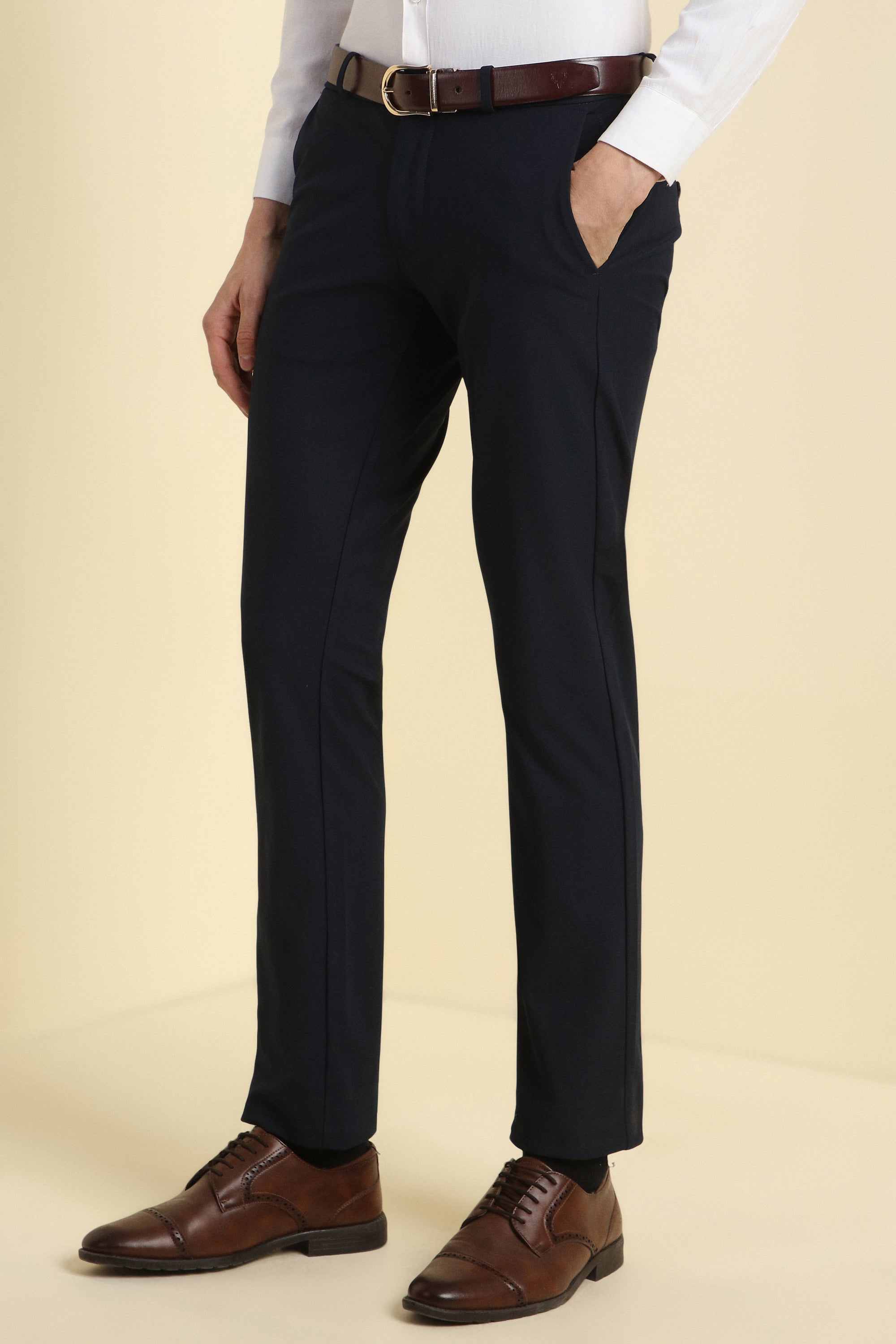 Men's Navy Formal Textured Mid Rise Trouser