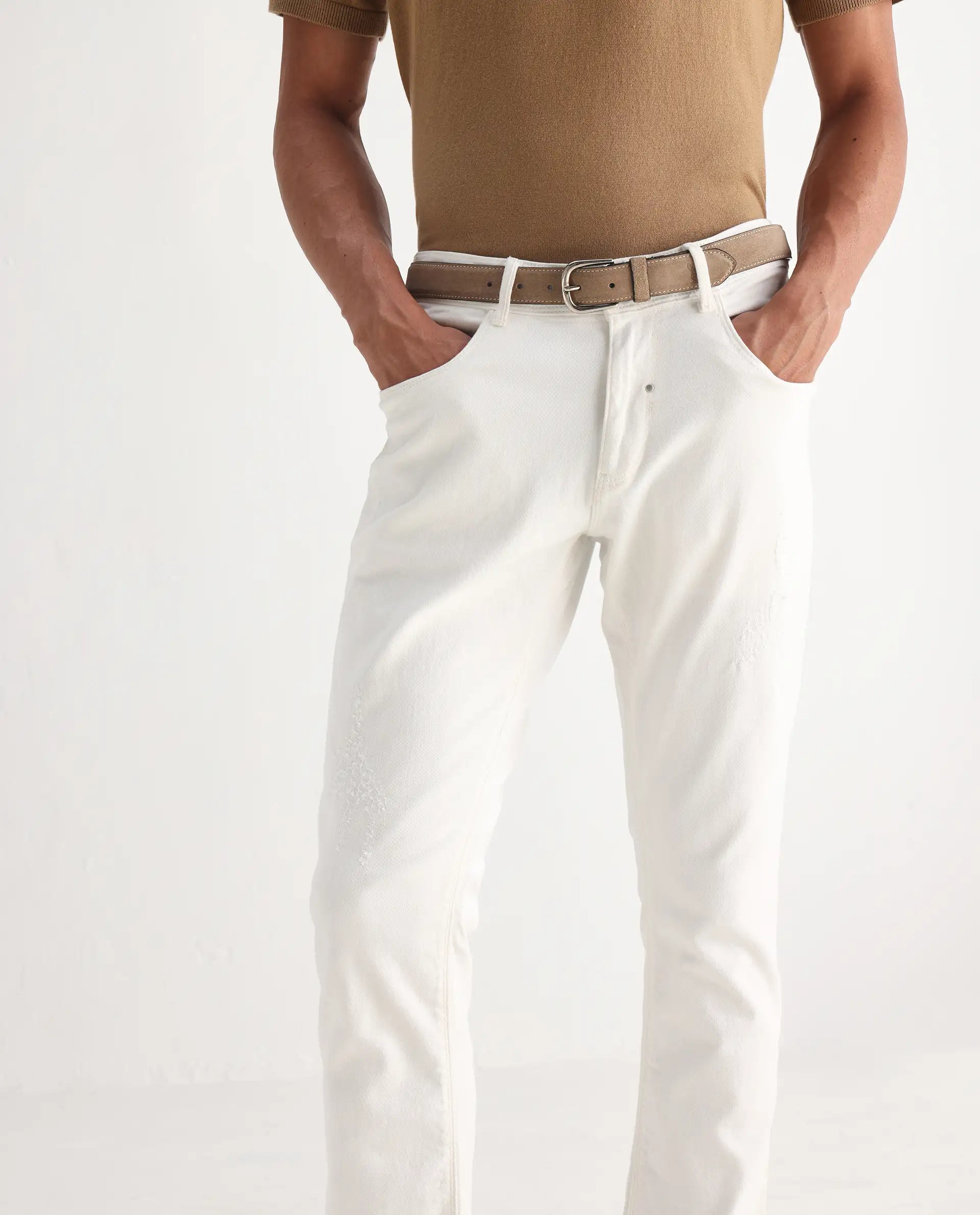 Men's White Casual Slim Fit Solid Jeans