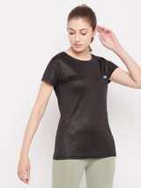 Women's Black Polyester Half Sleeves Tshirt