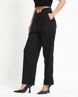Women's Atgan Black Polyester Fabric Zip Closure Tailored Fit Plain Ankle Length Trousers
