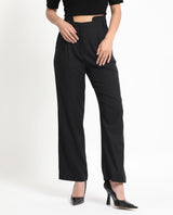 Women's Atgan Black Polyester Fabric Zip Closure Tailored Fit Plain Ankle Length Trousers