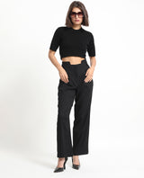 Women's Atgan Black Polyester Fabric Zip Closure Tailored Fit Plain Ankle Length Trousers