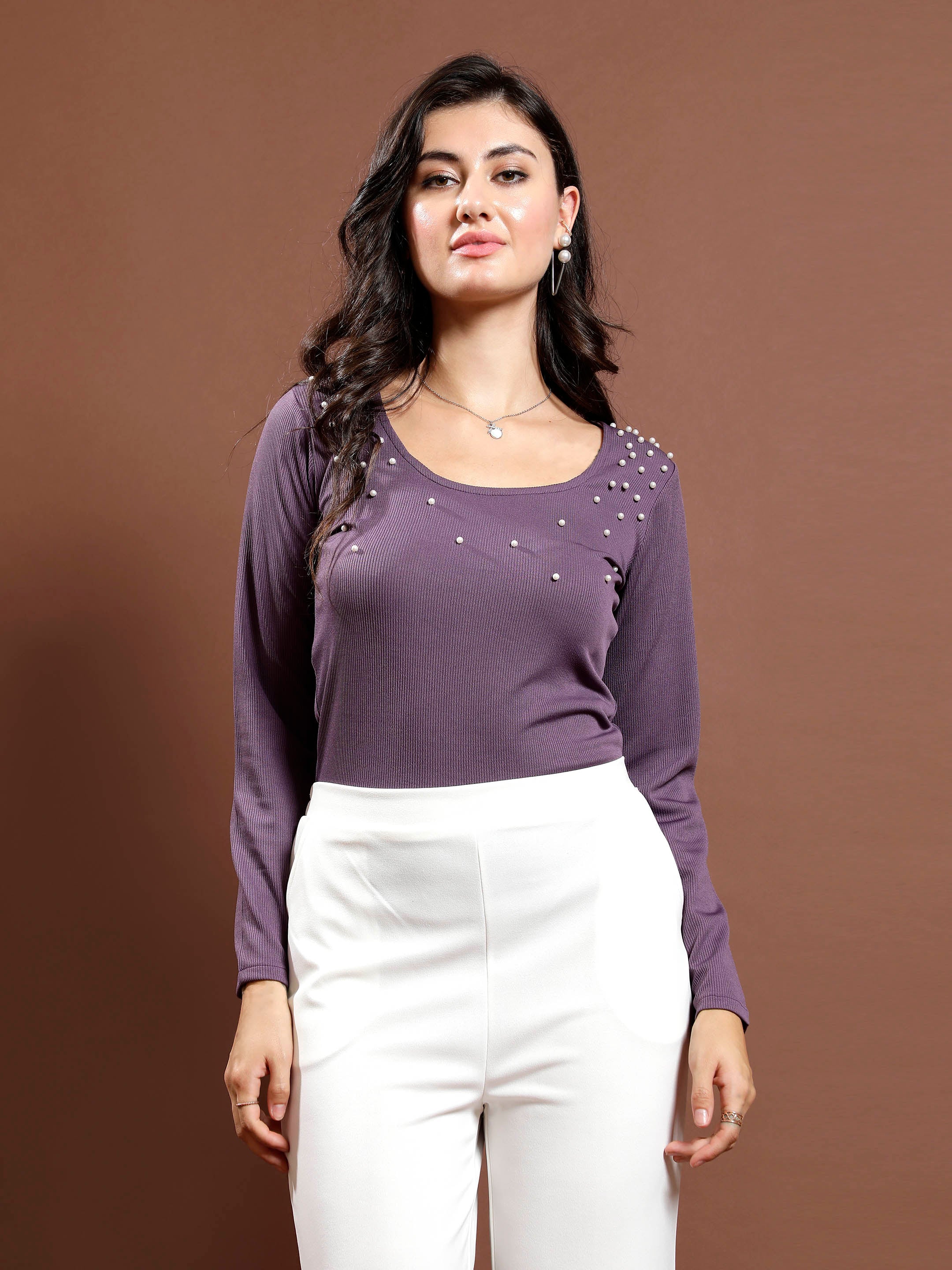 Women's Purple Casual Regular Fit Embellished Full Sleeves Top