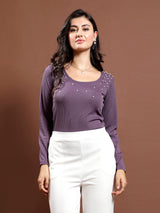 Women's Purple Casual Regular Fit Embellished Full Sleeves Top