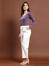 Women's Purple Casual Regular Fit Embellished Full Sleeves Top