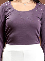 Women's Purple Casual Regular Fit Embellished Full Sleeves Top
