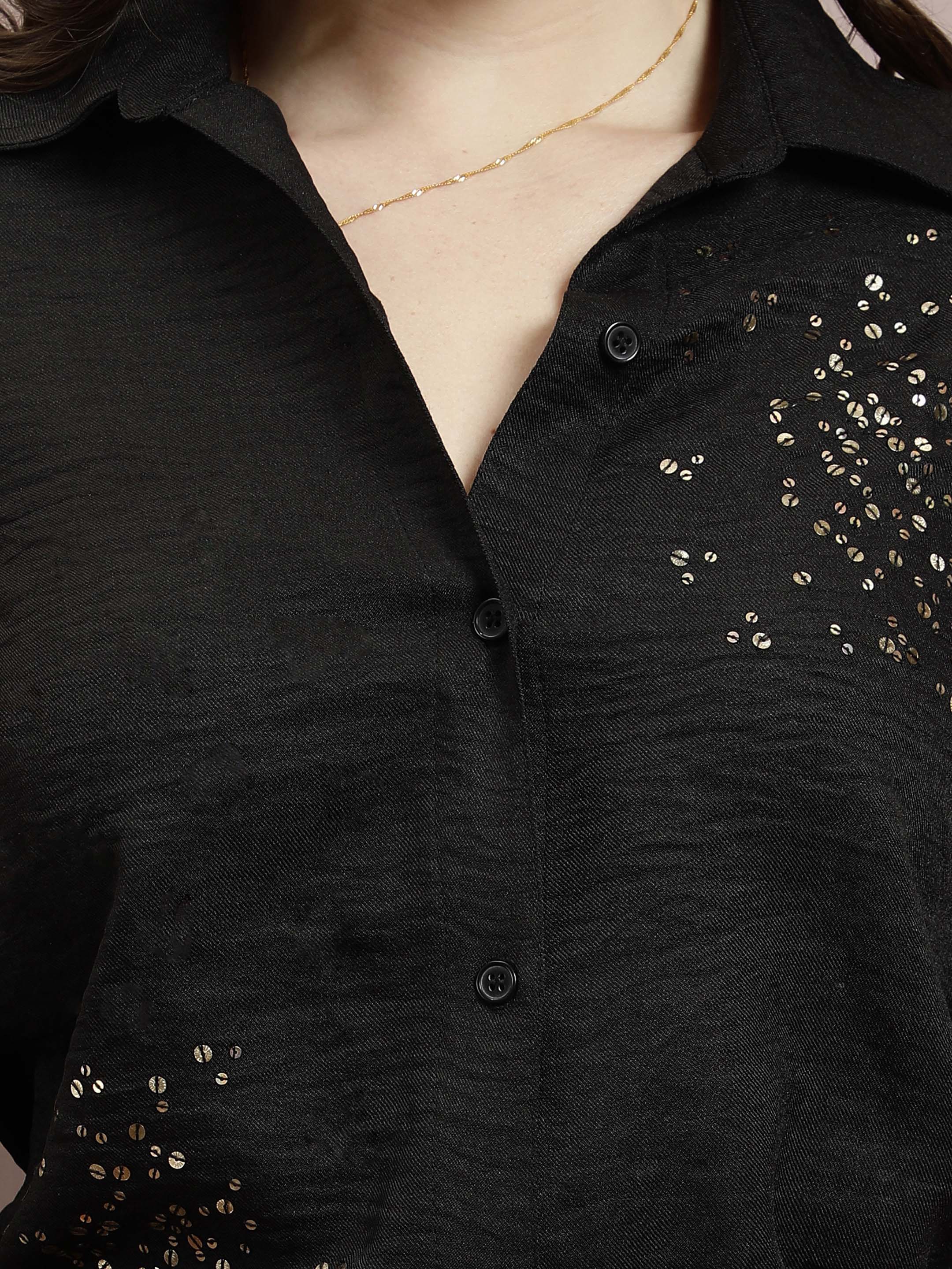 Women's Black Party Regular Fit Embellished Full Sleeves Top