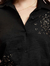 Women's Black Party Regular Fit Embellished Full Sleeves Top