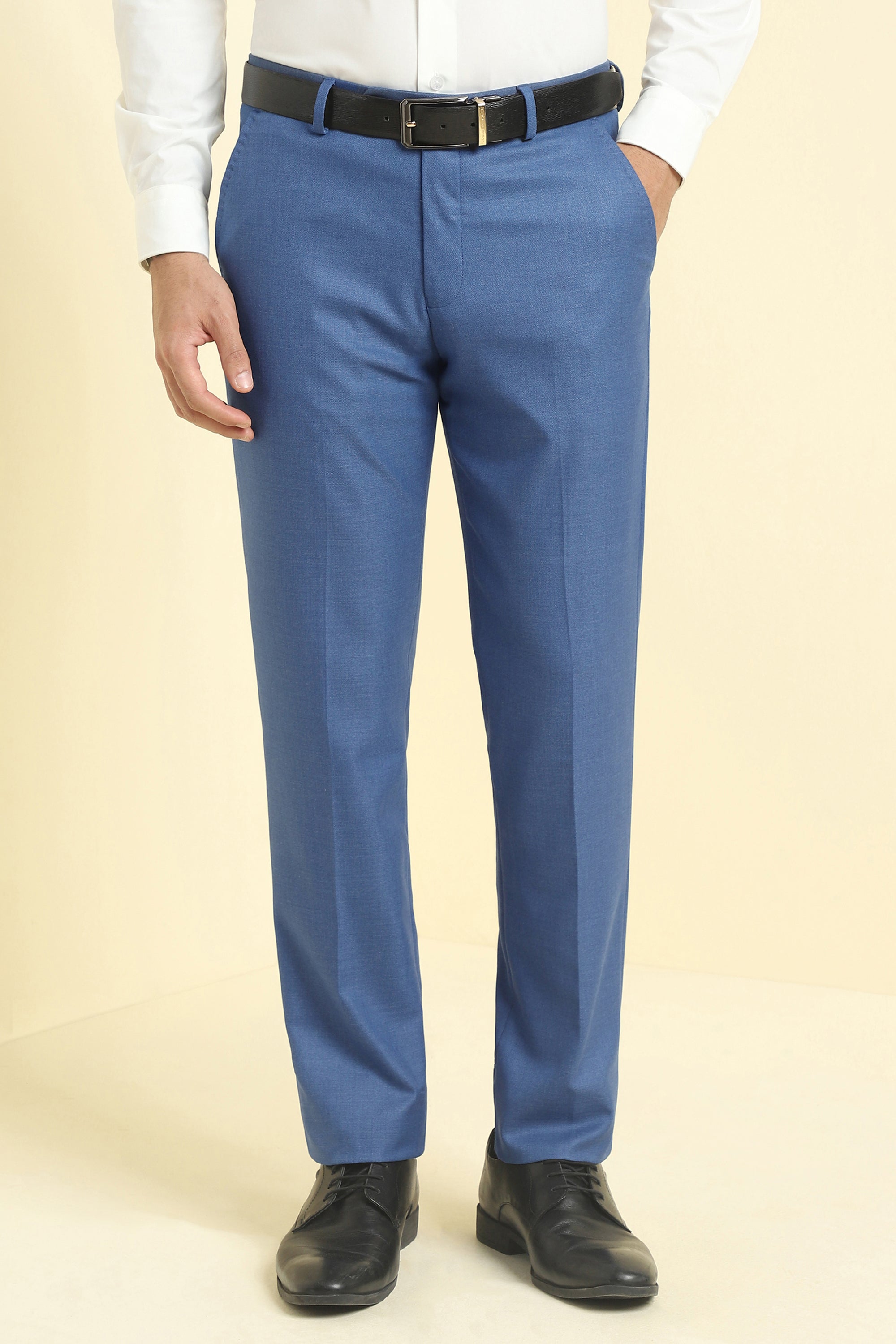 Men's Blue Formal Textured Mid Rise Trouser