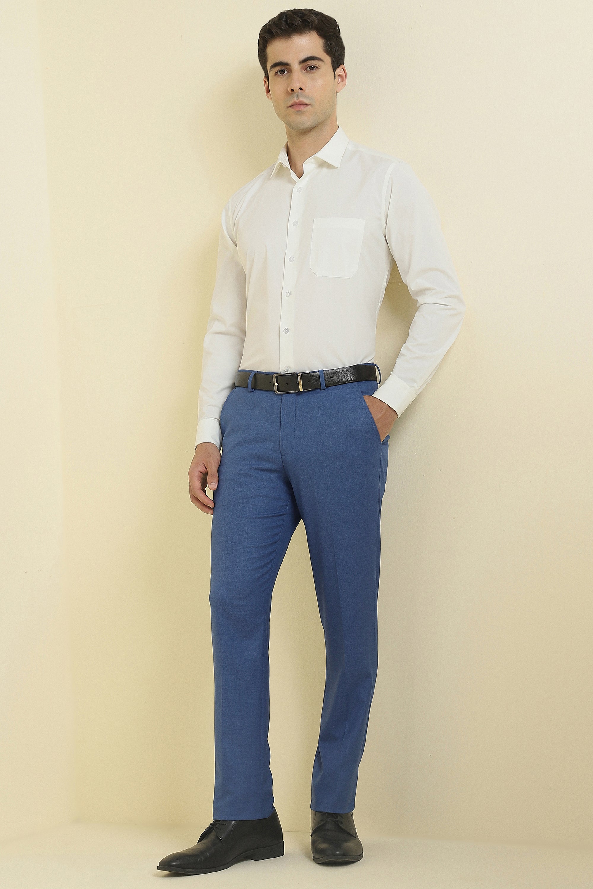 Men's Blue Formal Textured Mid Rise Trouser
