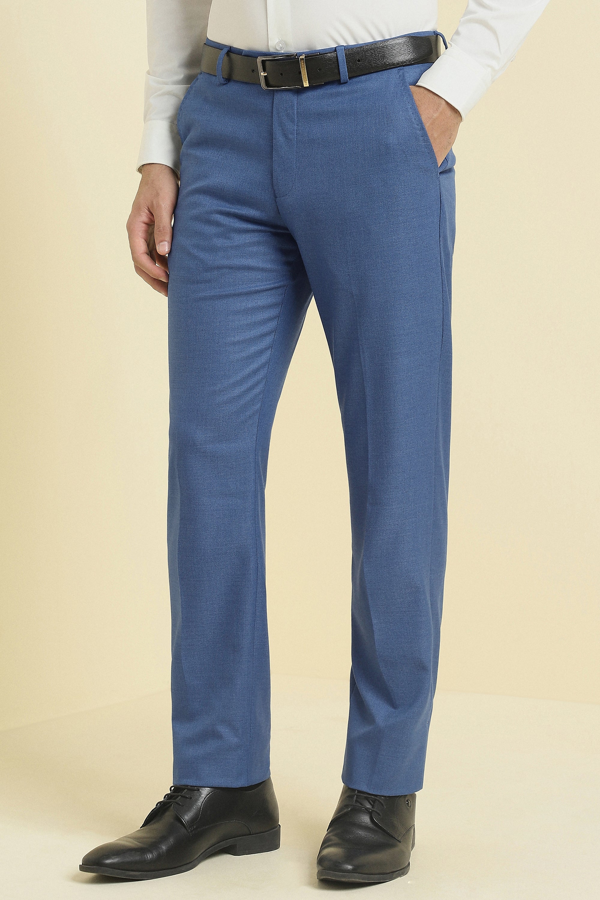 Men's Blue Formal Textured Mid Rise Trouser