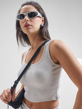 Women's Grey Casual Printed Regular Fit Sleeveless Top