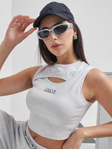 Women's Grey Casual Printed Regular Fit Sleeveless Top