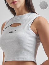 Women's Grey Casual Printed Regular Fit Sleeveless Top